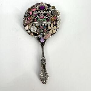 Handcrafted Bejeweled Handheld Mirror Miniature Ladies Mosaic Jewelry Beveled 5"